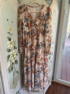 Amazon Floral Tiered Maxi Dress in Cream with Blue and Brown Print